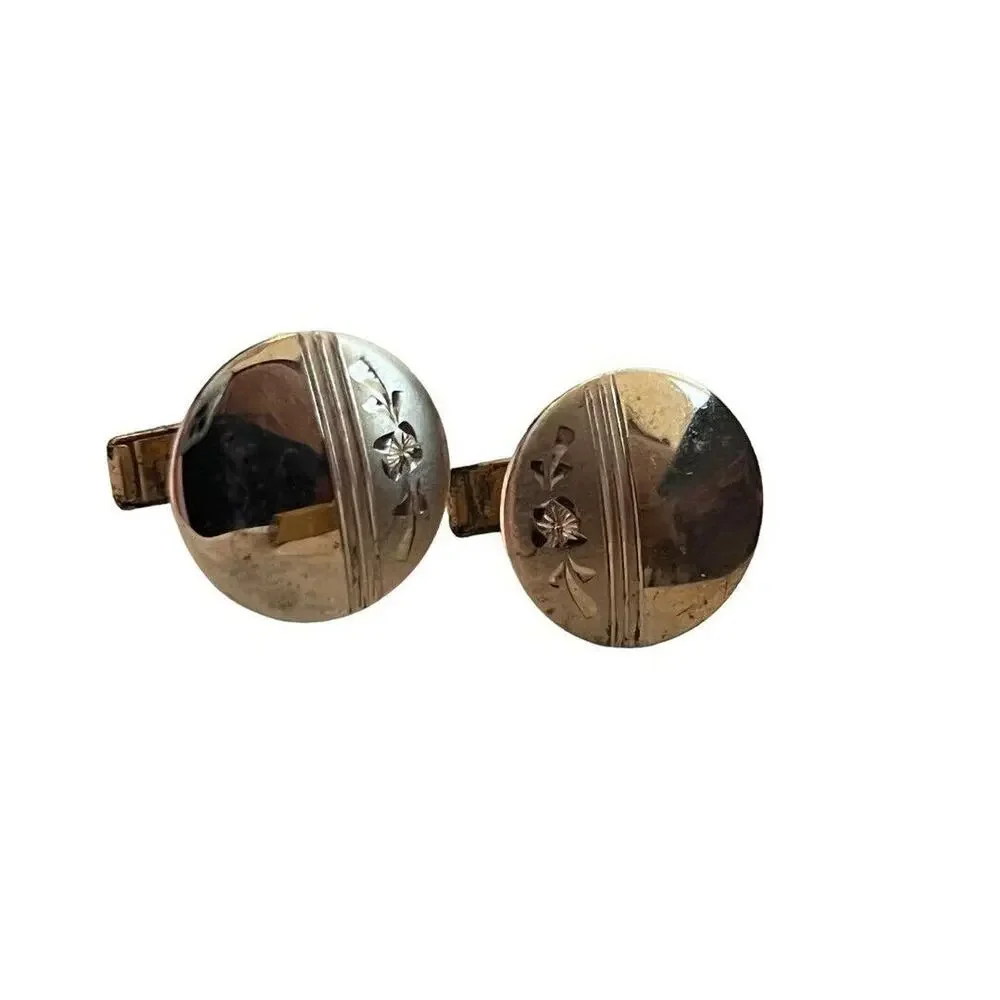 Vintage Gold Tone Floral Etched Round Cufflinks